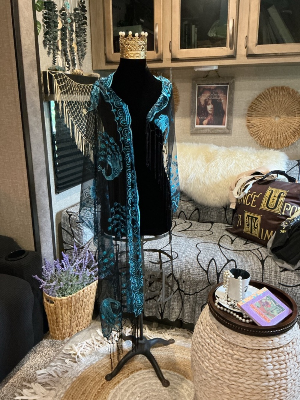 Sheer Black Wrap with Turquoise Peacock Embroidery & Sequins